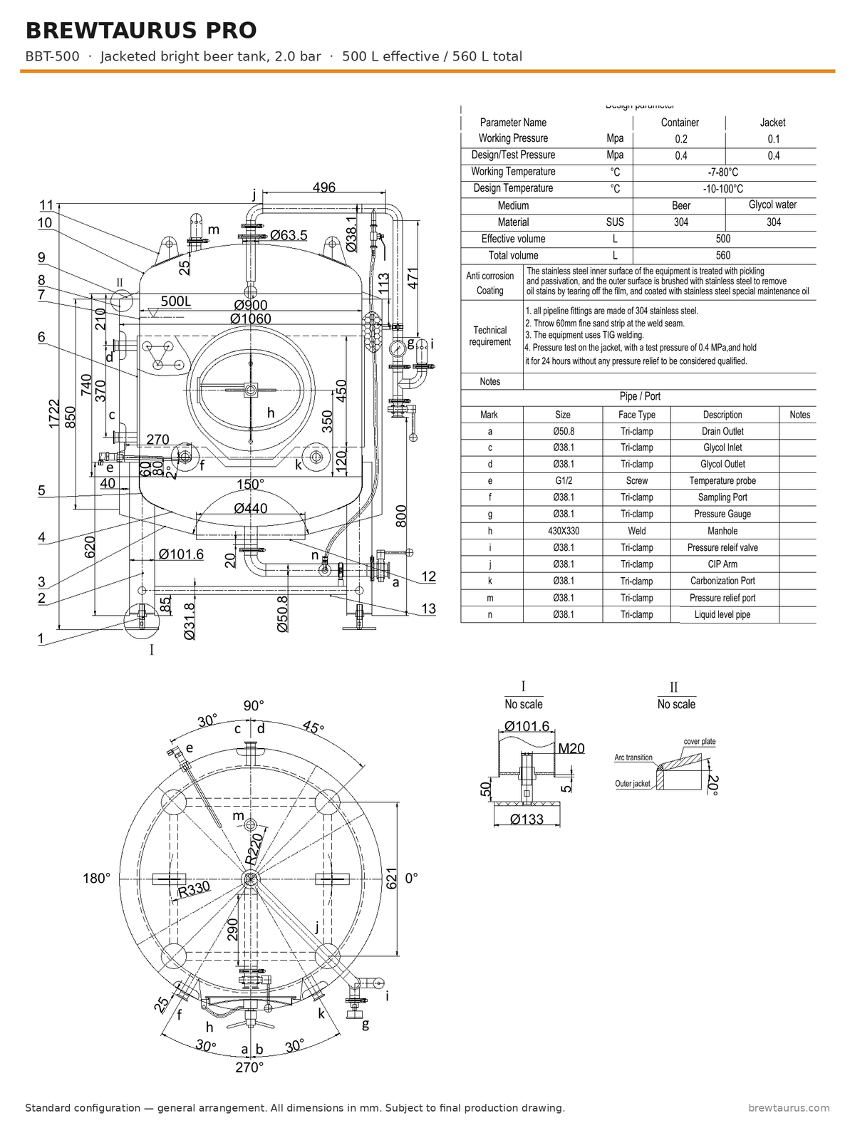BrewTaurus PRO BBT-500 bright beer tank — general arrangement drawing with port map, 500/560 L, 2.0 bar