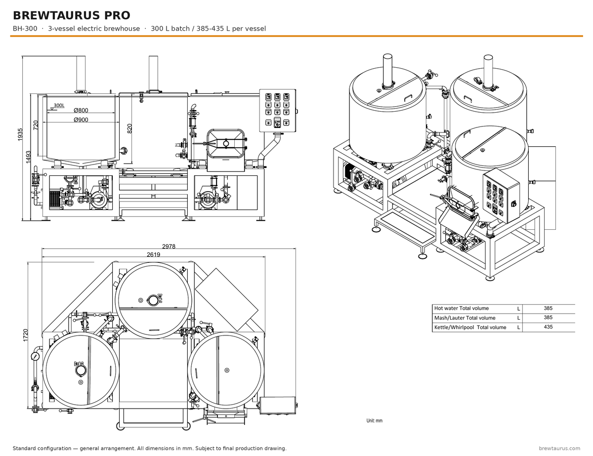 BrewTaurus PRO BH-300 three-vessel electric brewhouse — general arrangement drawing, elevation and plan