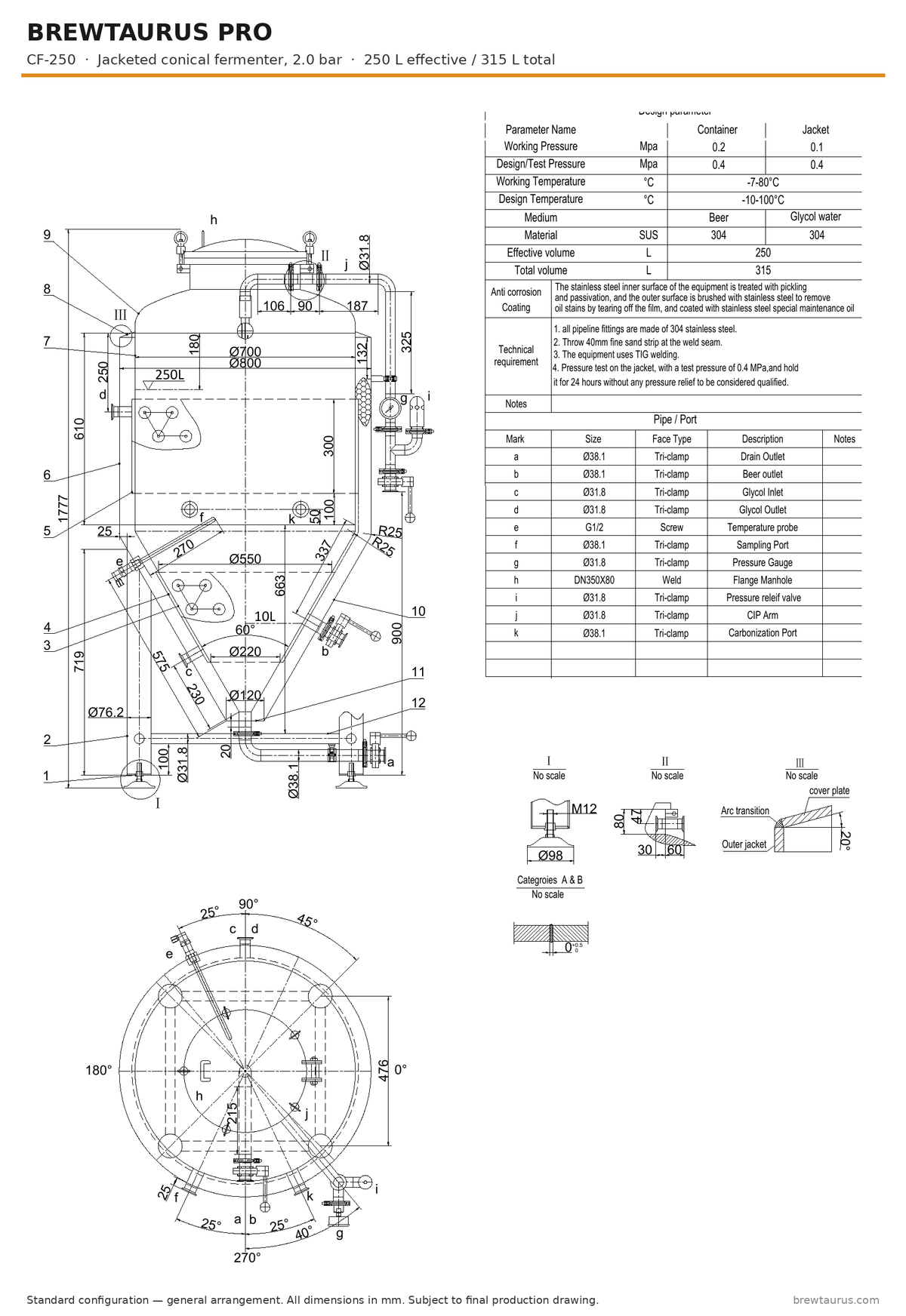 BrewTaurus PRO CF-250 jacketed conical fermenter — general arrangement drawing with port map, 250/315 L
