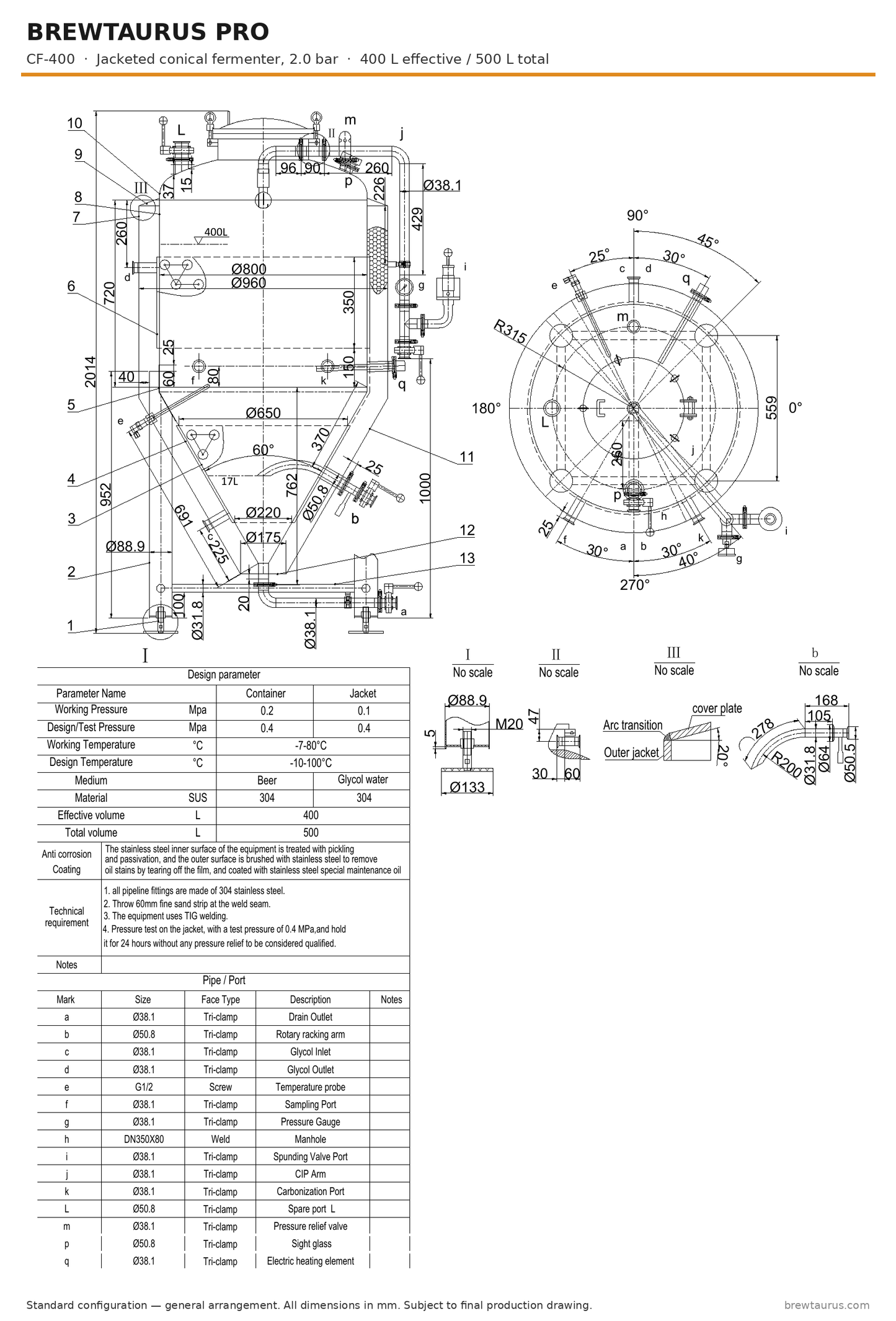 BrewTaurus PRO CF-400 jacketed conical fermenter — general arrangement drawing with port map, 400/500 L