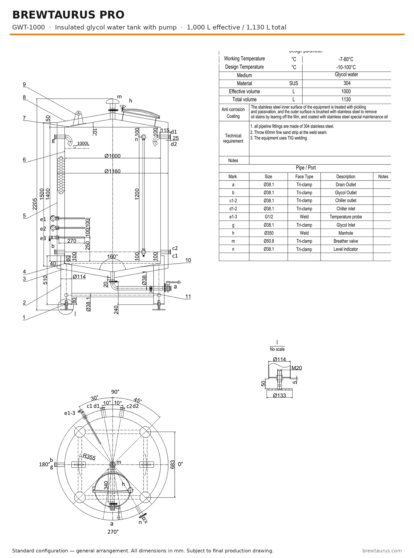 BrewTaurus PRO GWT-1000 insulated glycol water tank with pump — general arrangement drawing, 1,000 L