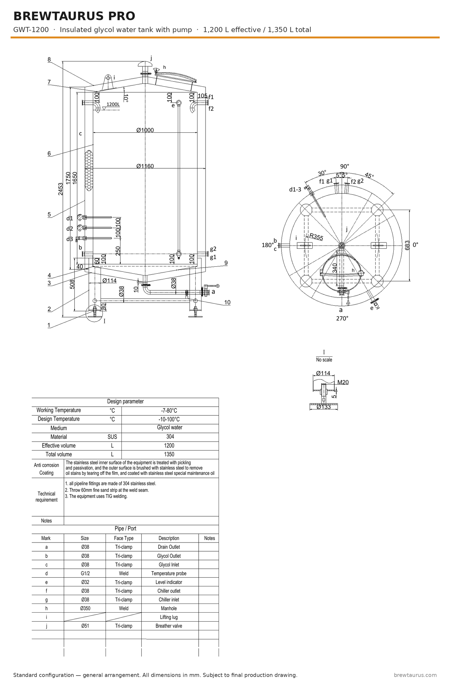 BrewTaurus PRO GWT-1200 insulated glycol water tank with pump — general arrangement drawing, 1,200 L