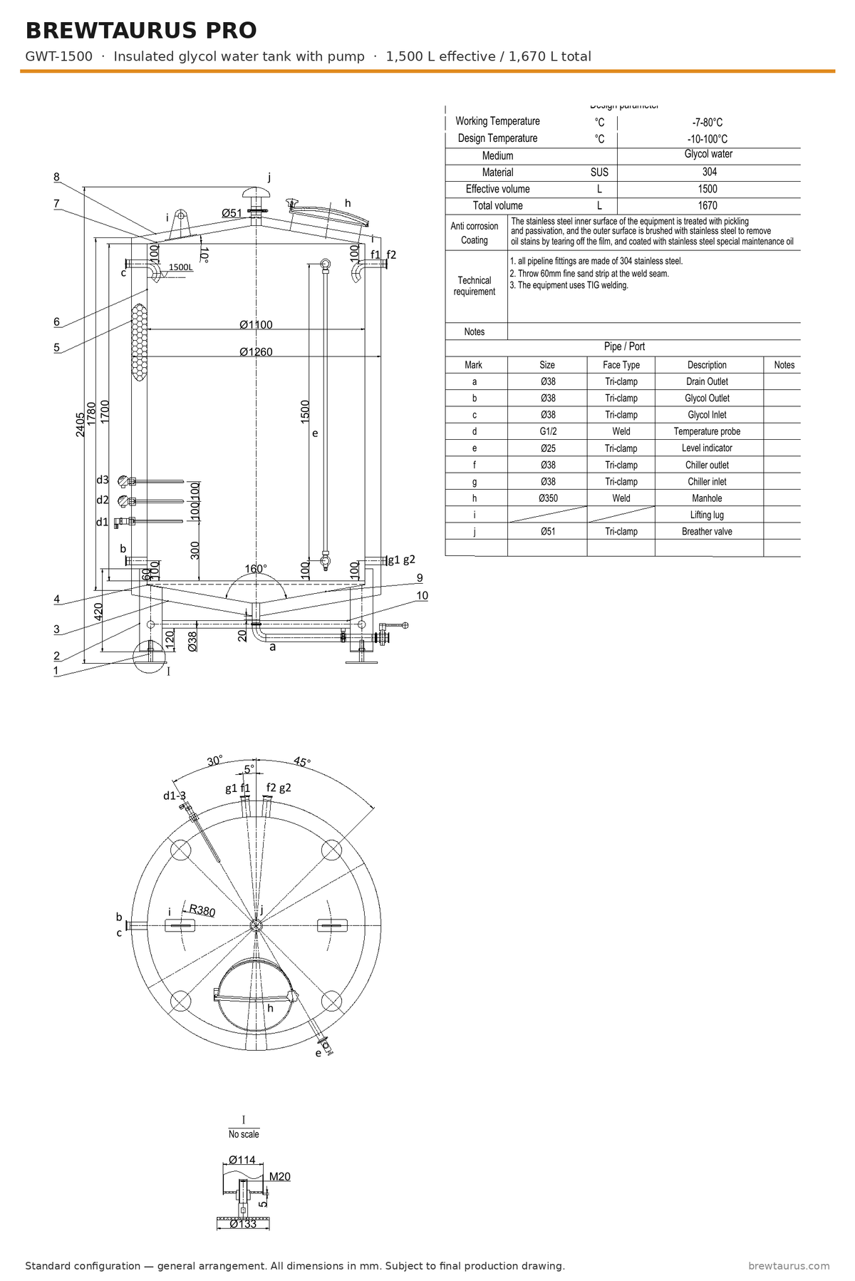 BrewTaurus PRO GWT-1500 insulated glycol water tank with pump — general arrangement drawing, 1,500 L