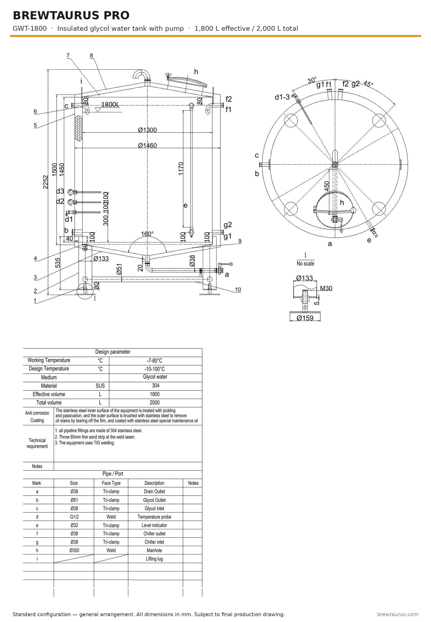 BrewTaurus PRO GWT-1800 insulated glycol water tank with pump — general arrangement drawing, 1,800 L