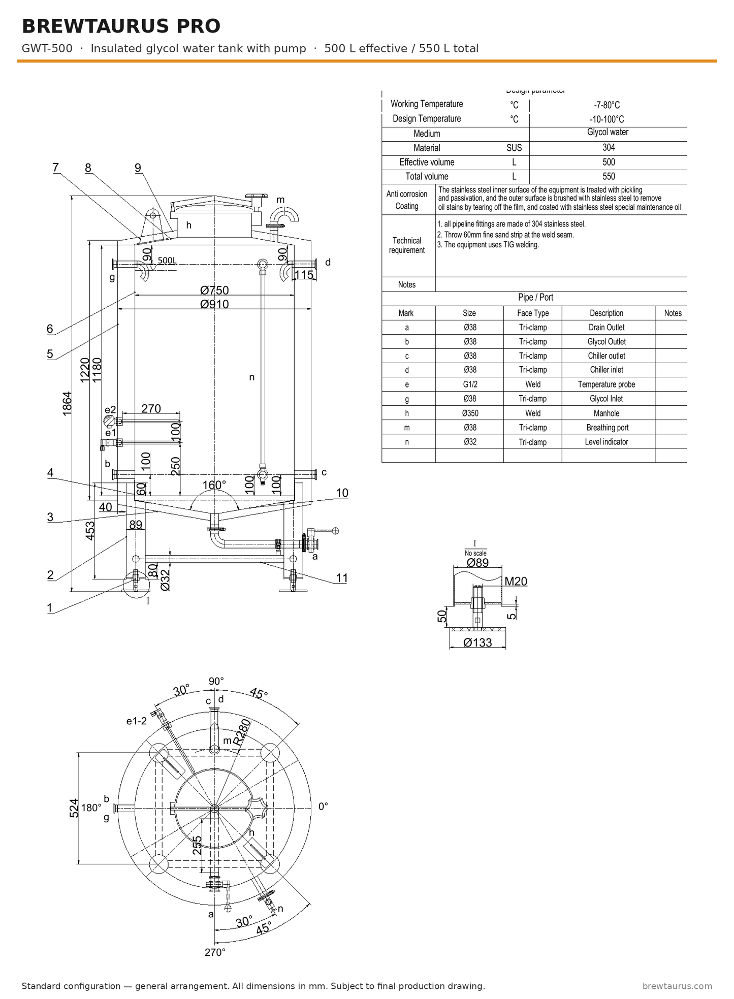 BrewTaurus PRO GWT-500 insulated glycol water tank with pump — general arrangement drawing, 500 L
