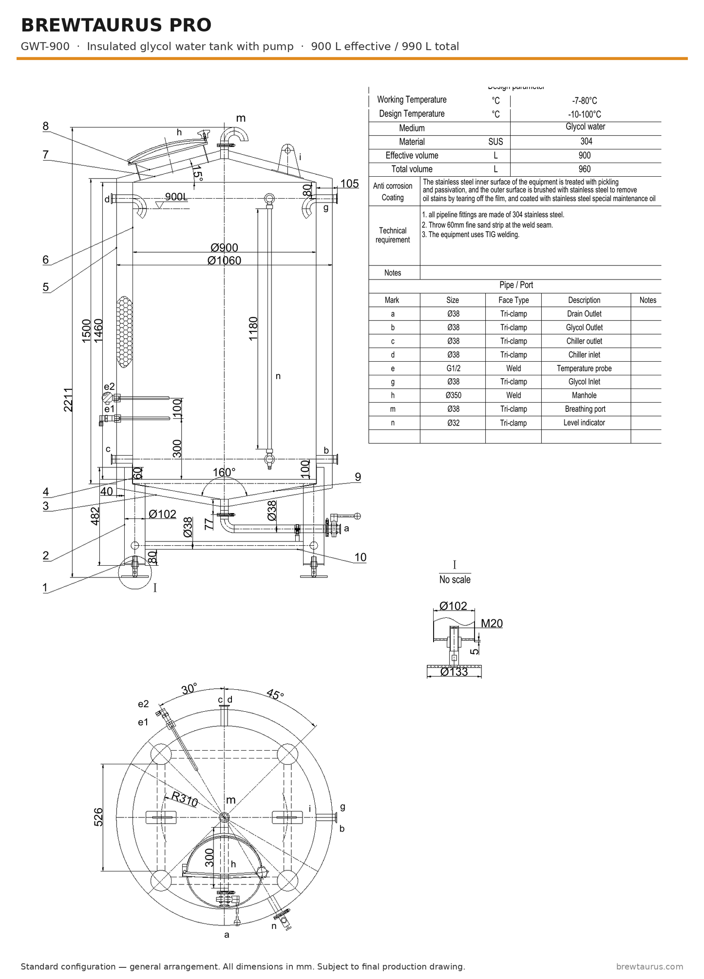 BrewTaurus PRO GWT-900 insulated glycol water tank with pump — general arrangement drawing, 900 L