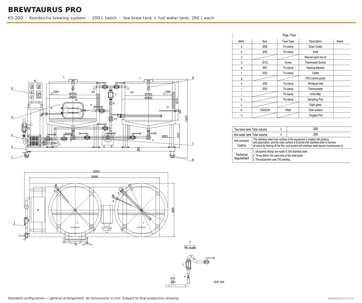 BrewTaurus PRO KS-200 kombucha brewing system — general arrangement drawing, 200 L batch