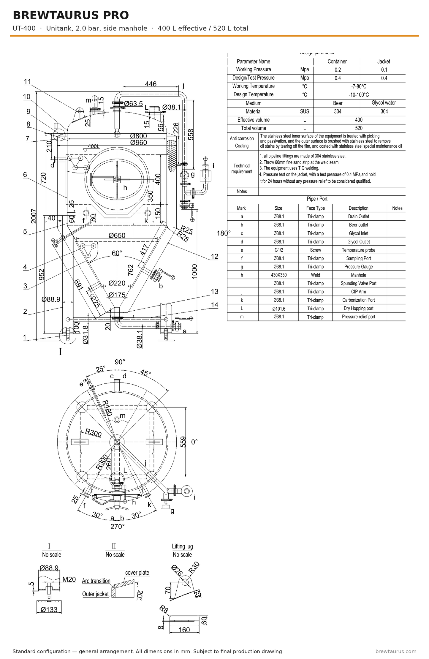 BrewTaurus PRO UT-400 unitank with side manhole — general arrangement drawing, 400/520 L, 2.0 bar