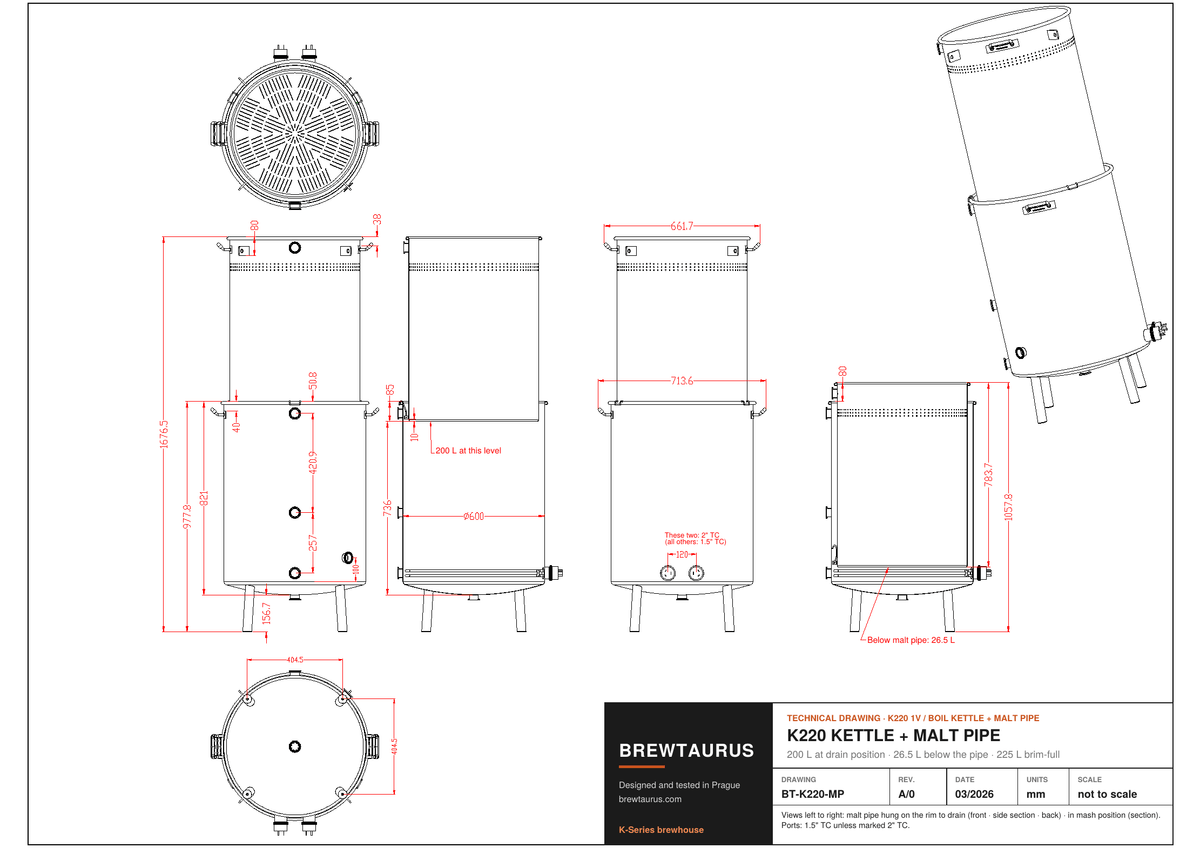 BrewTaurus K220 kettle with malt pipe technical drawing with dimensions