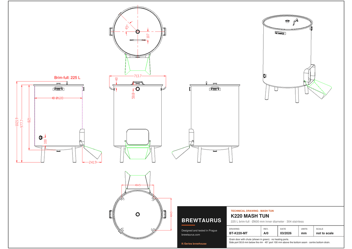 BrewTaurus K220 mash tun technical drawing with dimensions