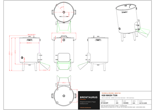 BrewTaurus K80 mash tun technical drawing with dimensions