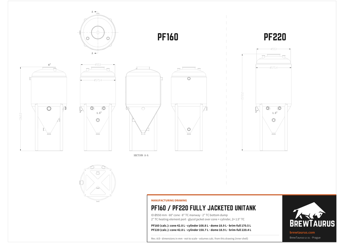 BrewTaurus PF160 / PF220 Fully Jacketed Unitank technical drawing: ID Ø550 mm, 60° cone, 8" TC manway, 2" TC dump, 2" TC heating-element port, overall height 1362.2 / 1572.2 mm