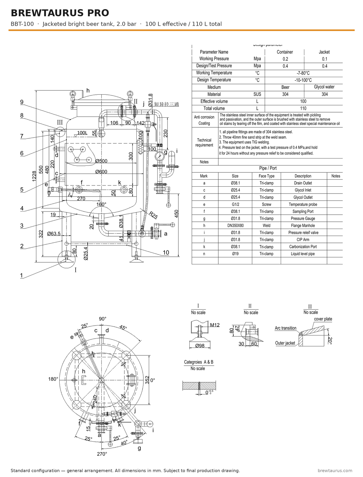 BrewTaurus PRO BBT-100 bright beer tank — general arrangement drawing with port map, 100/110 L, 2.0 bar