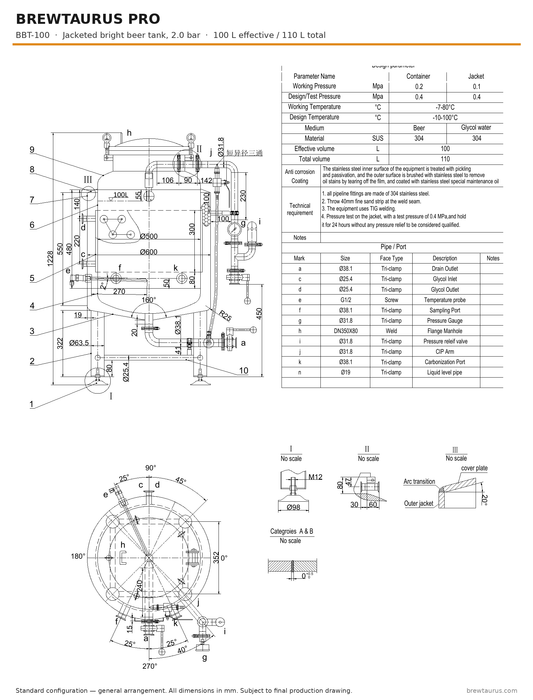 BrewTaurus PRO BBT-100 bright beer tank — general arrangement drawing with port map, 100/110 L, 2.0 bar