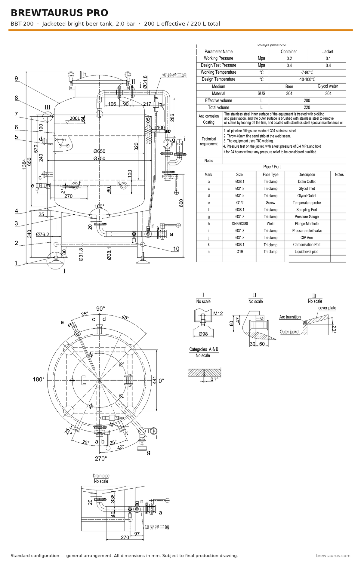 BrewTaurus PRO BBT-200 bright beer tank — general arrangement drawing with port map, 200/220 L, 2.0 bar
