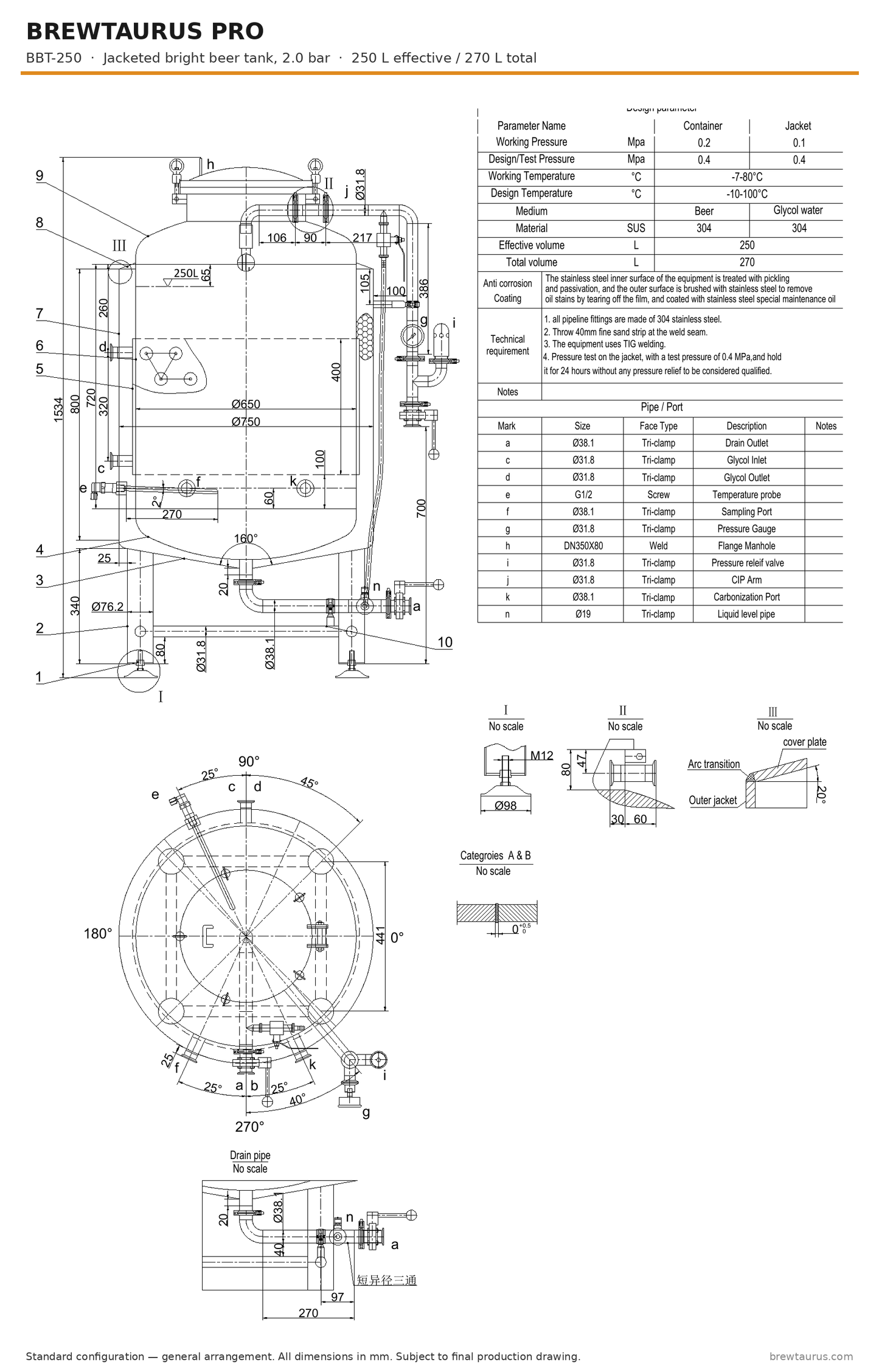 BrewTaurus PRO BBT-250 bright beer tank — general arrangement drawing with port map, 250/270 L, 2.0 bar