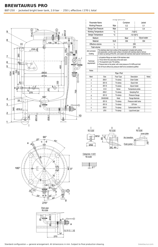 BrewTaurus PRO BBT-250 bright beer tank — general arrangement drawing with port map, 250/270 L, 2.0 bar