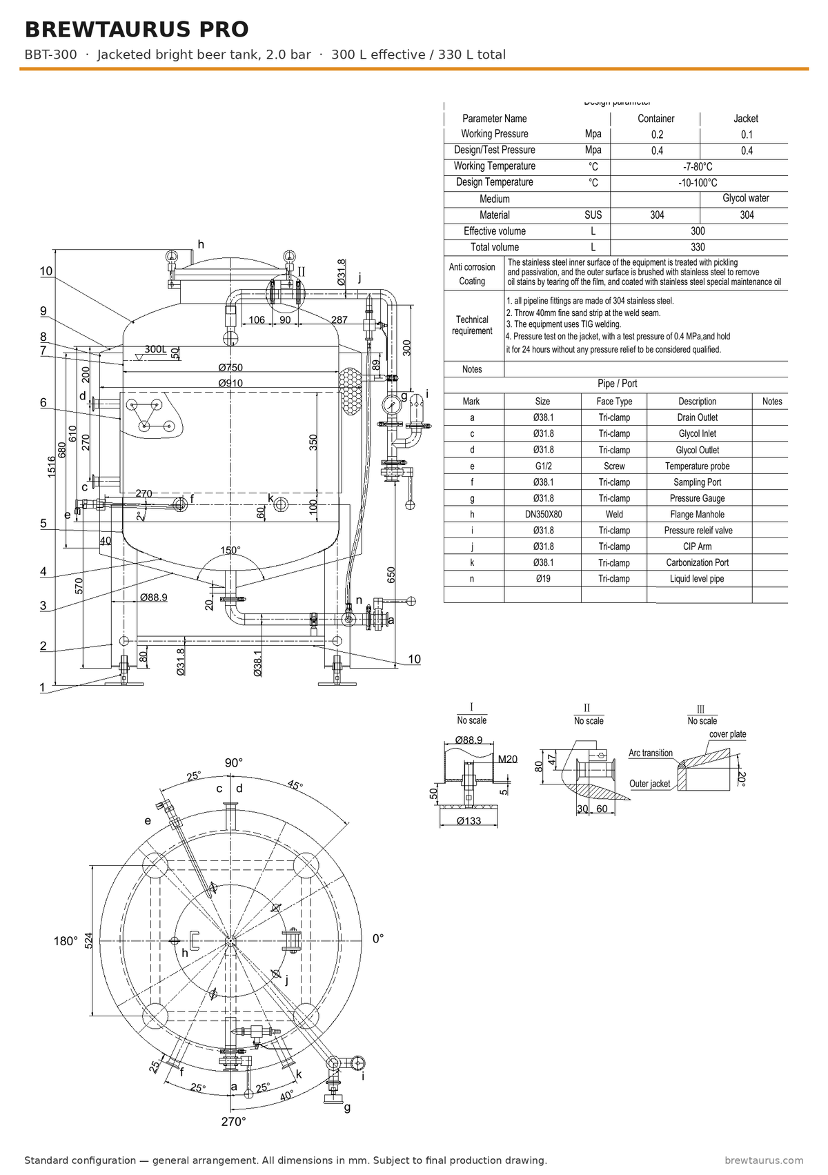 BrewTaurus PRO BBT-300 bright beer tank — general arrangement drawing with port map, 300/330 L, 2.0 bar