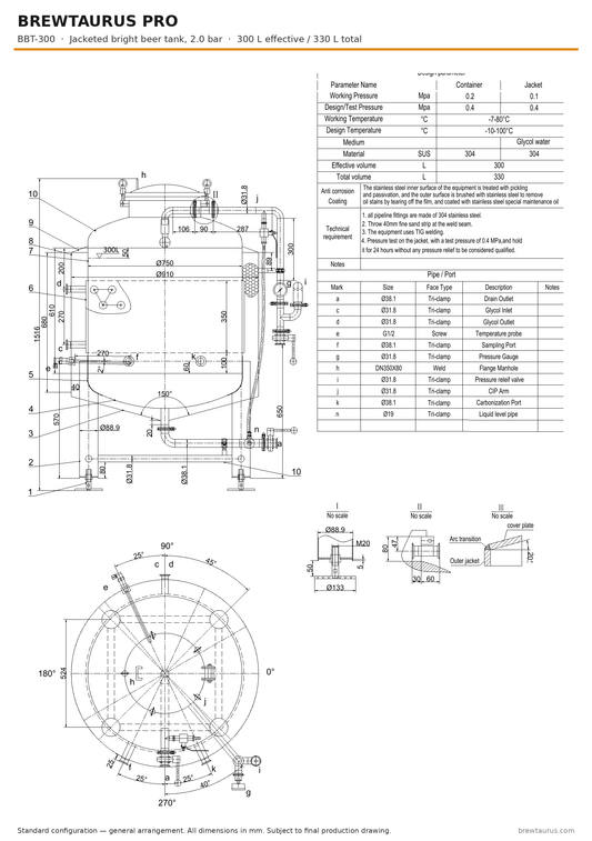 BrewTaurus PRO BBT-300 bright beer tank — general arrangement drawing with port map, 300/330 L, 2.0 bar