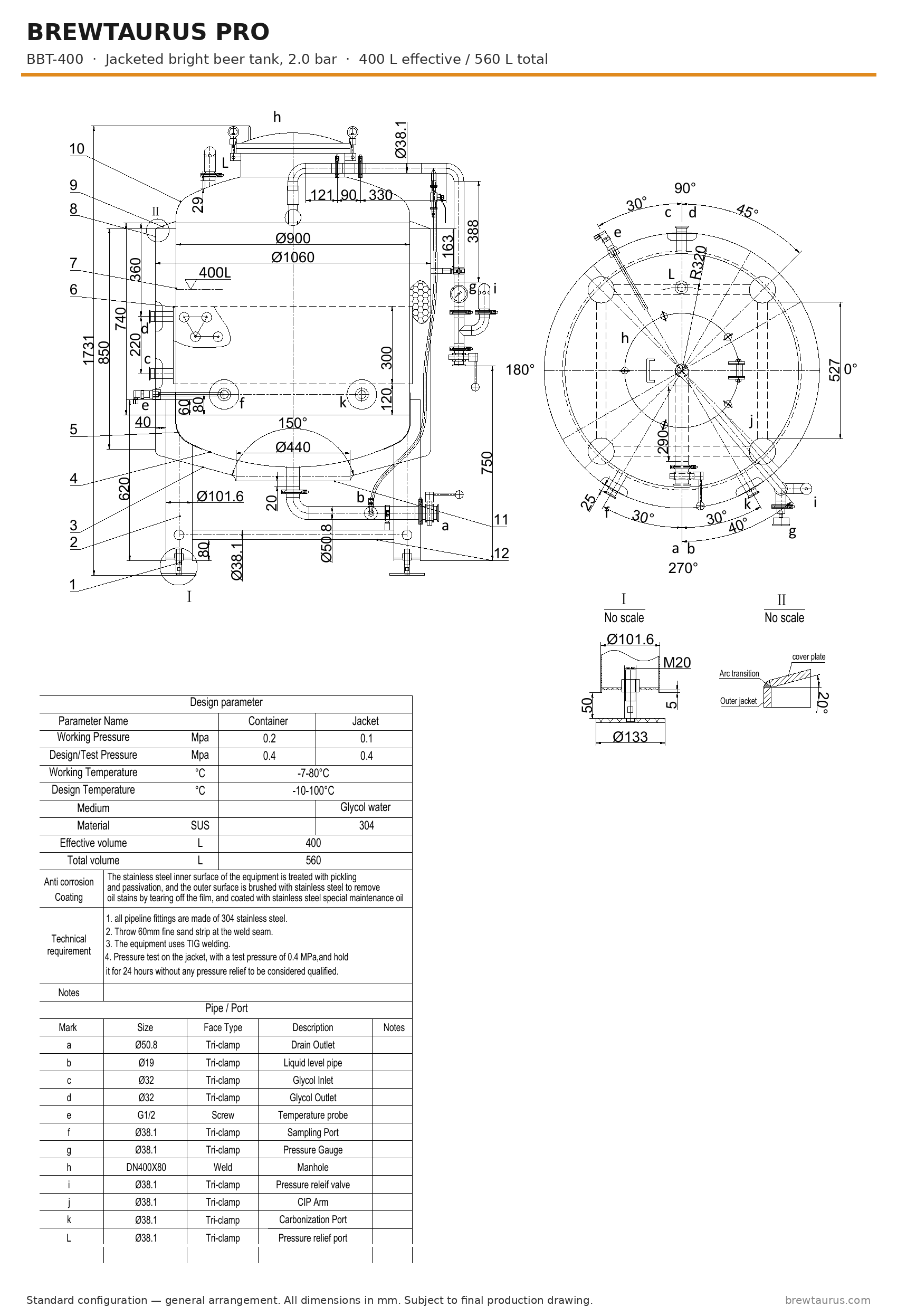 BrewTaurus PRO BBT-400 bright beer tank — general arrangement drawing with port map, 400/560 L, 2.0 bar