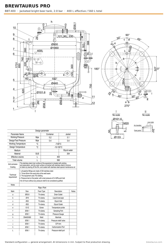 BrewTaurus PRO BBT-400 bright beer tank — general arrangement drawing with port map, 400/560 L, 2.0 bar