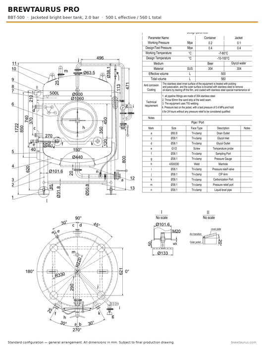 BrewTaurus PRO BBT-500 bright beer tank — general arrangement drawing with port map, 500/560 L, 2.0 bar