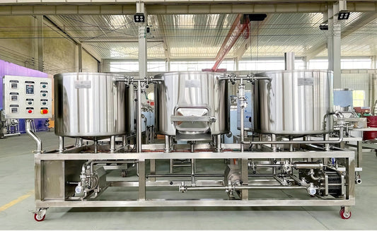 BrewTaurus PRO BH-200 three-vessel electric brewhouse on a stainless skid — HLT, mash/lauter tun and kettle/whirlpool with control cabinet