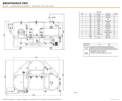 BrewTaurus PRO BH-250 three-vessel electric brewhouse — general arrangement drawing, elevation and plan