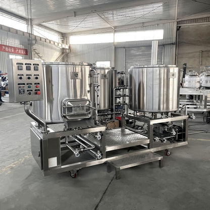 BrewTaurus PRO 250L brewhouse and control cabinet, front three-quarter view