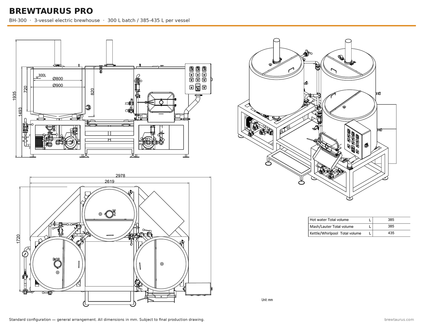 BrewTaurus PRO BH-300 three-vessel electric brewhouse — general arrangement drawing, elevation and plan