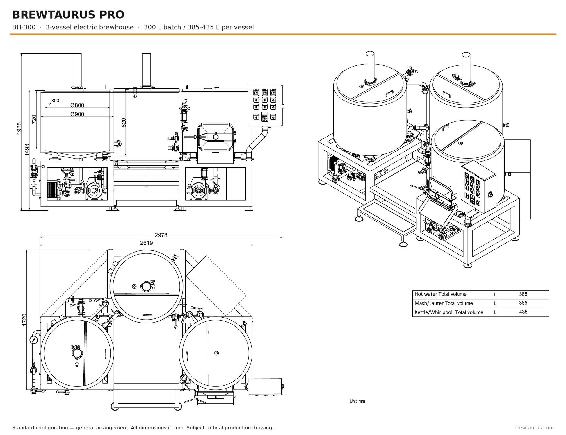 BrewTaurus PRO BH-300 three-vessel electric brewhouse — general arrangement drawing, elevation and plan