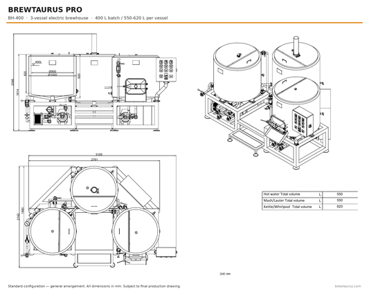 BrewTaurus PRO BH-400 three-vessel electric brewhouse — general arrangement drawing, elevation and plan