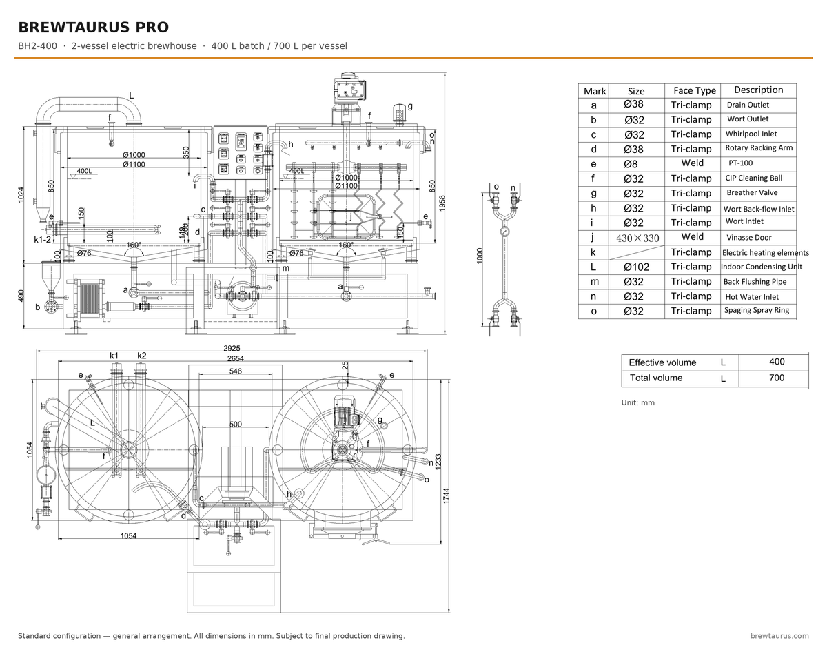 BrewTaurus PRO BH2-400 two-vessel electric brewhouse — general arrangement drawing, elevation and plan