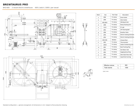 BrewTaurus PRO BH2-600 two-vessel electric brewhouse — general arrangement drawing, elevation and plan
