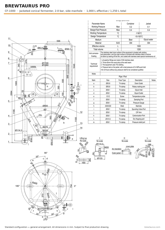 BrewTaurus PRO CF-1000 jacketed conical fermenter with side manhole — general arrangement drawing, 1000/1250 L