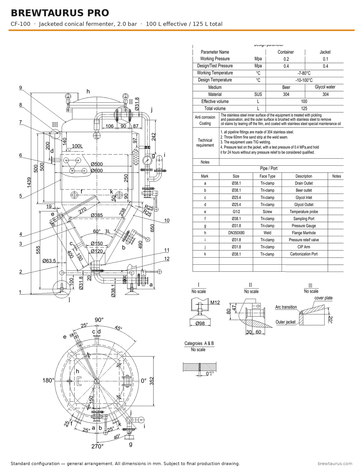 BrewTaurus PRO CF-100 jacketed conical fermenter — general arrangement drawing with port map, 100/125 L