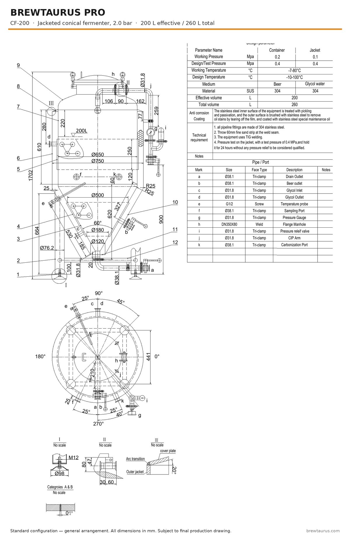 BrewTaurus PRO CF-200 jacketed conical fermenter — general arrangement drawing with port map, 200/260 L