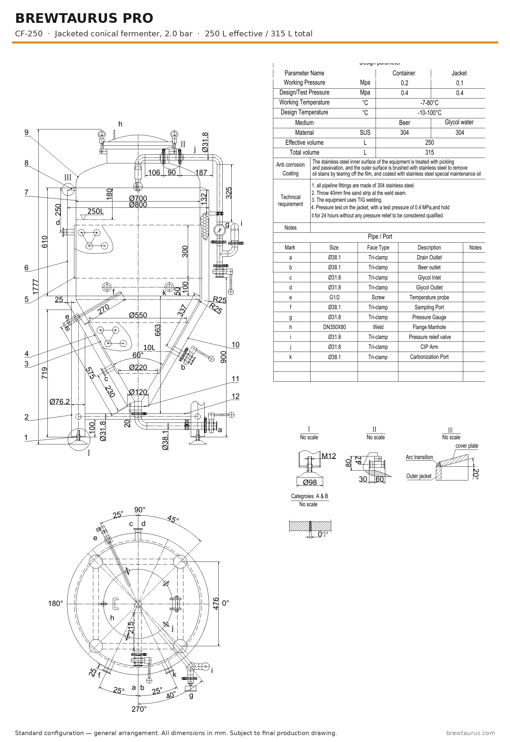 BrewTaurus PRO CF-250 jacketed conical fermenter — general arrangement drawing with port map, 250/315 L