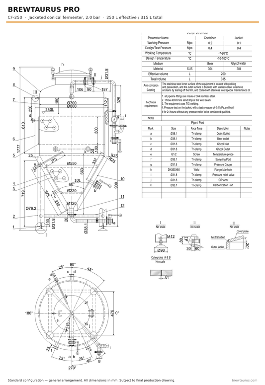 BrewTaurus PRO CF-250 jacketed conical fermenter — general arrangement drawing with port map, 250/315 L