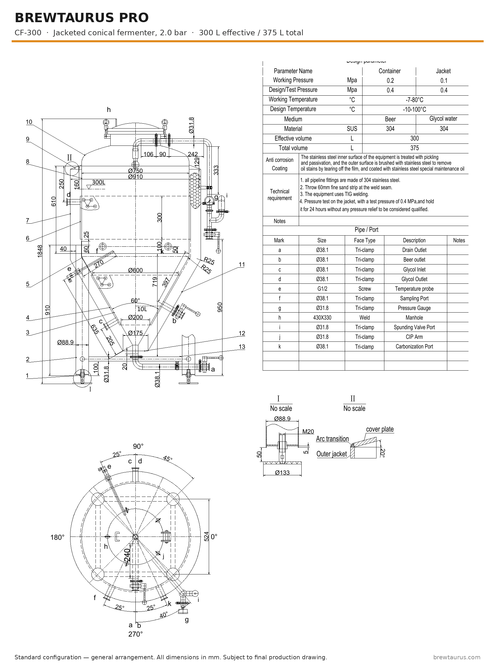 BrewTaurus PRO CF-300 jacketed conical fermenter — general arrangement drawing with port map, 300/375 L
