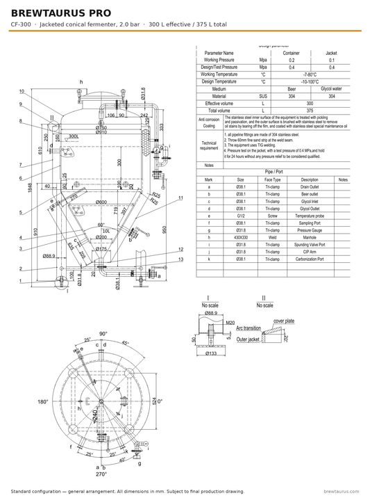 BrewTaurus PRO CF-300 jacketed conical fermenter — general arrangement drawing with port map, 300/375 L