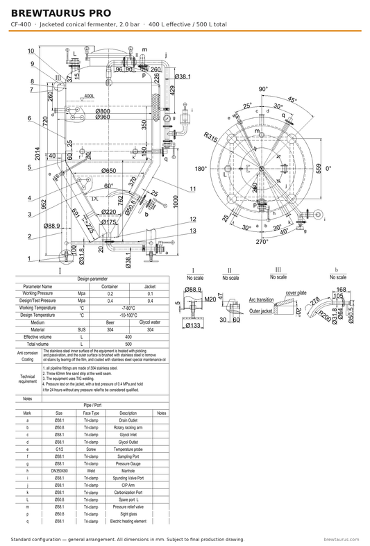 BrewTaurus PRO CF-400 jacketed conical fermenter — general arrangement drawing with port map, 400/500 L