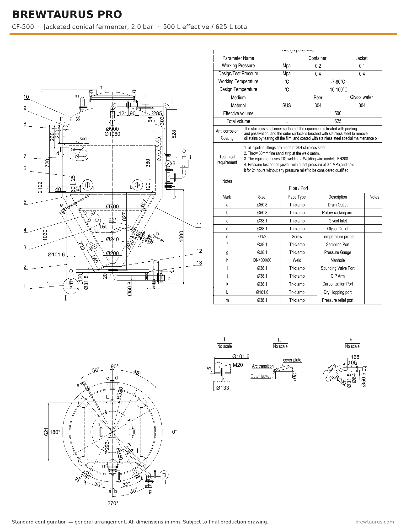 BrewTaurus PRO CF-500 jacketed conical fermenter — general arrangement drawing with port map, 500/625 L