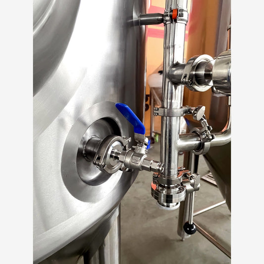 Racking arm and butterfly valve assembly on the BrewTaurus PRO 500L conical fermenter