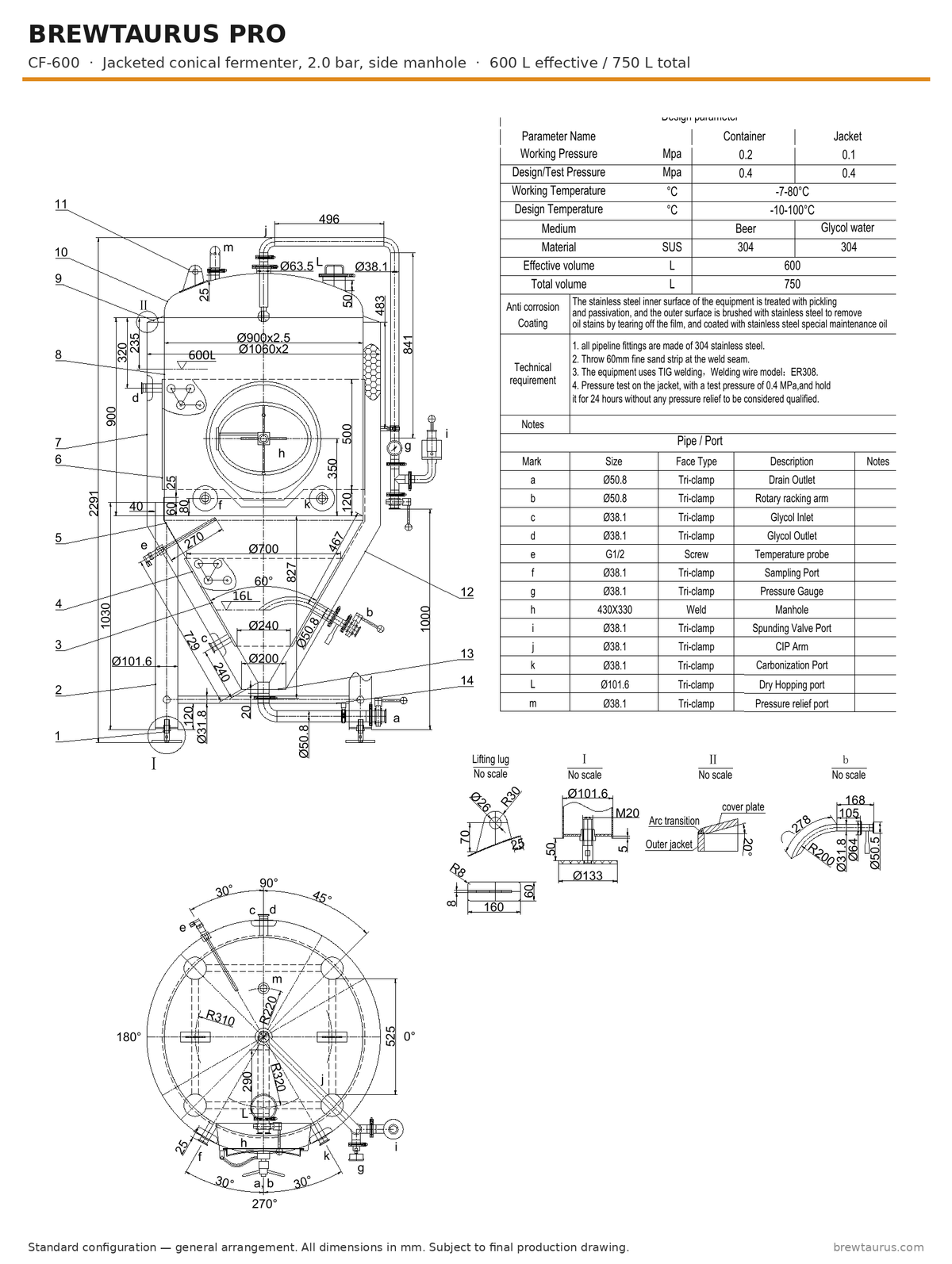 BrewTaurus PRO UT-600 unitank — general arrangement drawing of the 600/750 L vessel (shared with CF-600), 2.0 bar