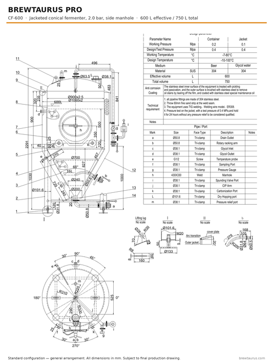 BrewTaurus PRO CF-600 jacketed conical fermenter with side manhole — general arrangement drawing, 600/750 L