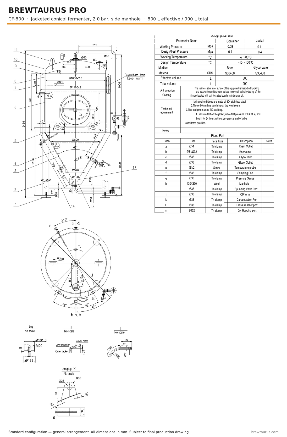 BrewTaurus PRO CF-800 jacketed conical fermenter with side manhole — general arrangement drawing, 800/990 L