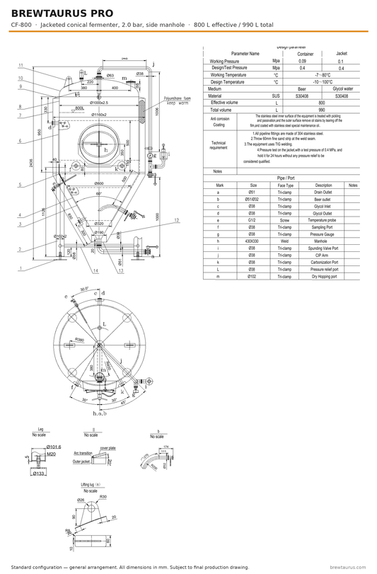 BrewTaurus PRO CF-800 jacketed conical fermenter with side manhole — general arrangement drawing, 800/990 L
