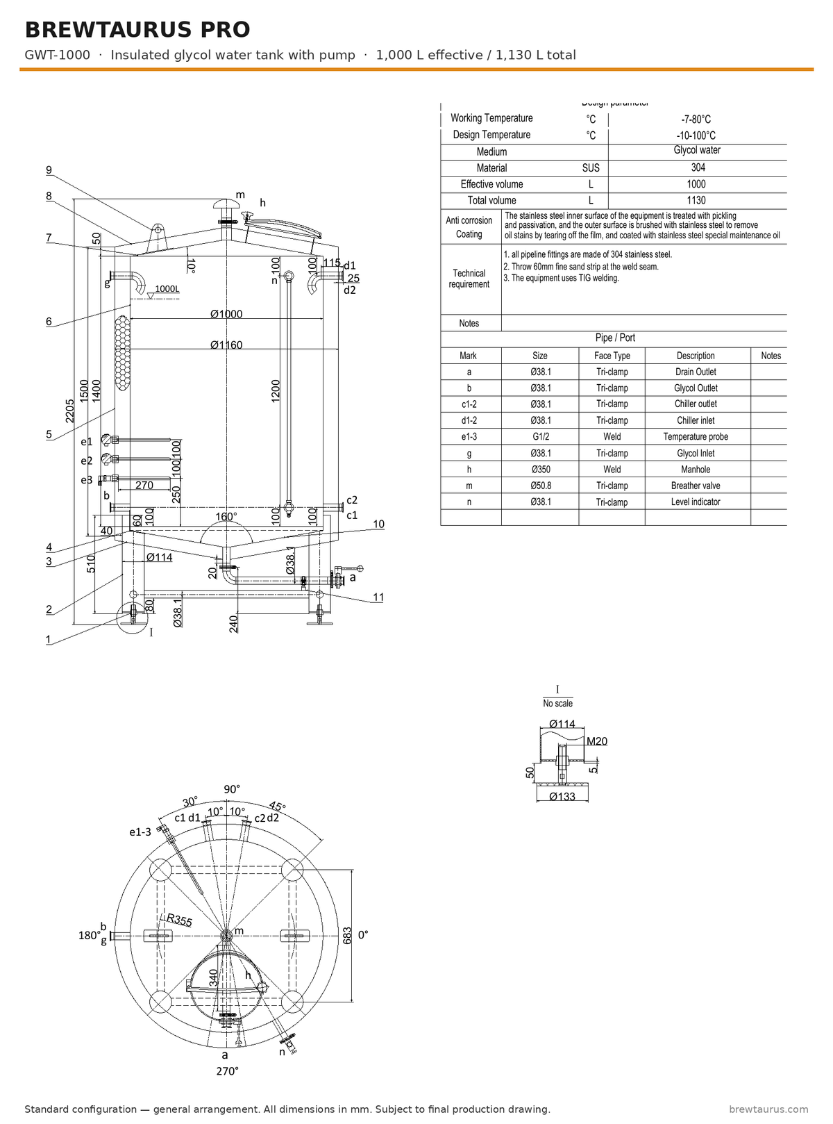 BrewTaurus PRO GWT-1000 insulated glycol water tank with pump — general arrangement drawing, 1,000 L