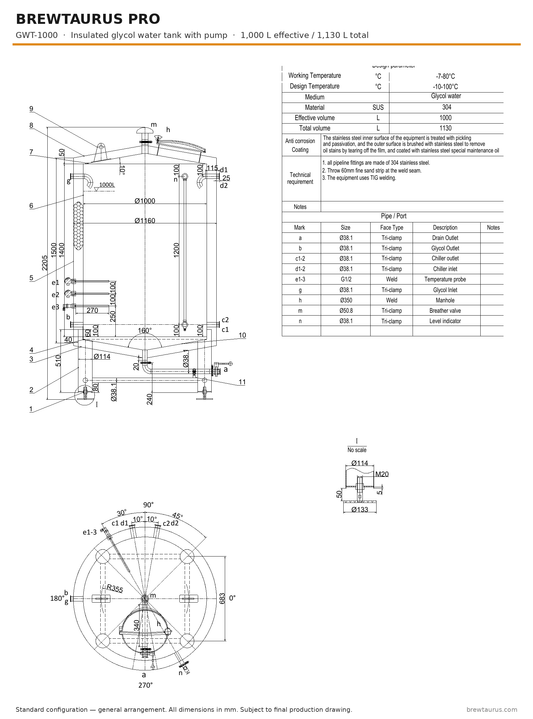 BrewTaurus PRO GWT-1000 insulated glycol water tank with pump — general arrangement drawing, 1,000 L